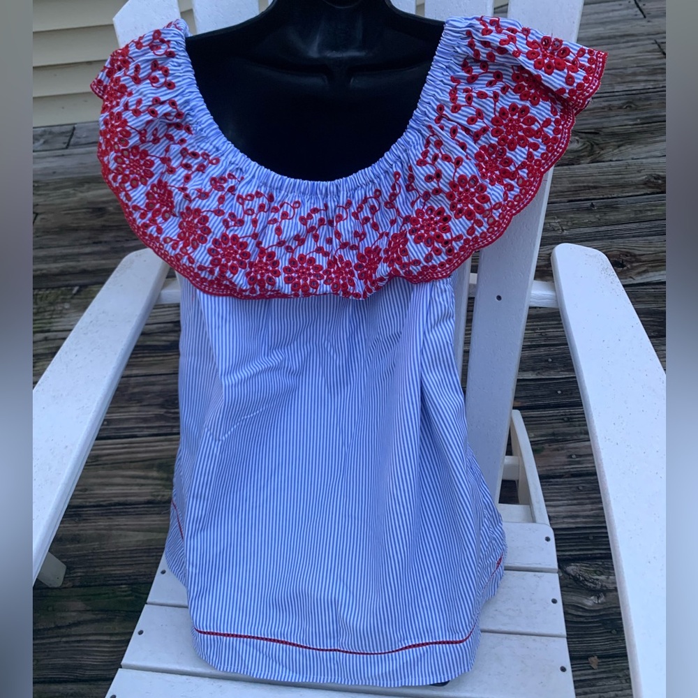 NEW JOY JOY peasant top blue stripe off shoulder red embroidery costal boho XL